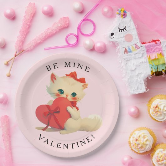 White Kitty Vintage Be Mine Valentine ペーパープレート (パーティー)