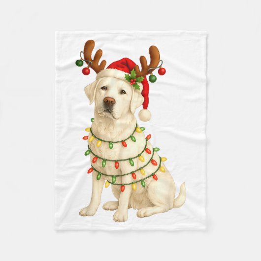 White Lab Christmas Tree Light Pajama Labrador Dog フリースブランケット (正面)