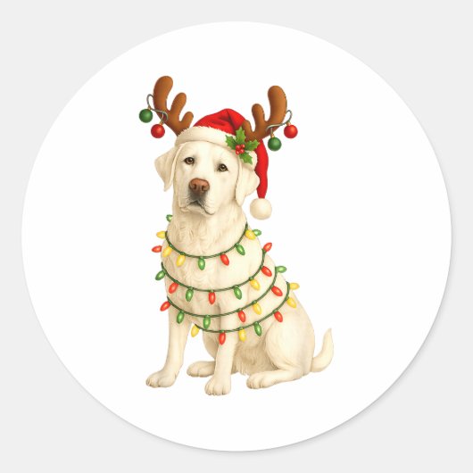White Lab Christmas Tree Light Pajama Labrador Dog ラウンドシール (正面)