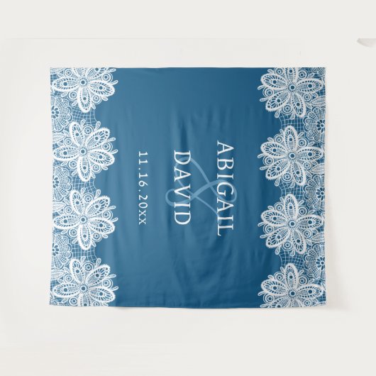 White Lace on Blue Wedding Backdrop タペストリー (正面(横))
