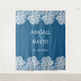 White Lace on Blue Wedding Backdrop タペストリー