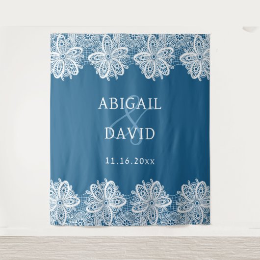 White Lace on Blue Wedding Backdrop タペストリー (正面)