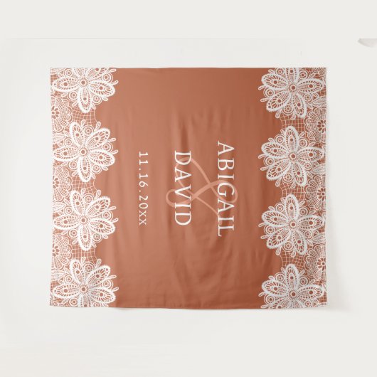 White Lace on Terracotta Wedding Backdrop タペストリー (正面(横))