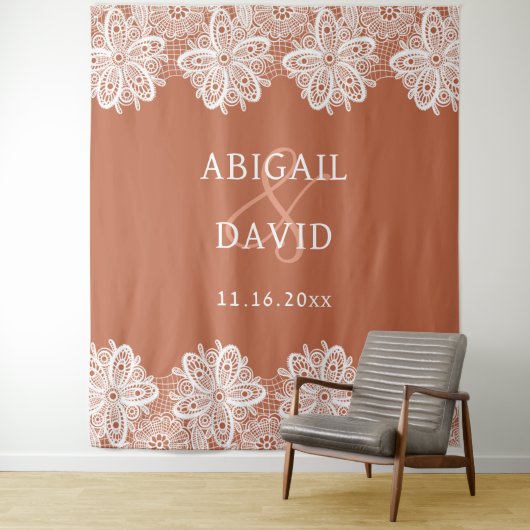 White Lace on Terracotta Wedding Backdrop タペストリー (インサイチュ)