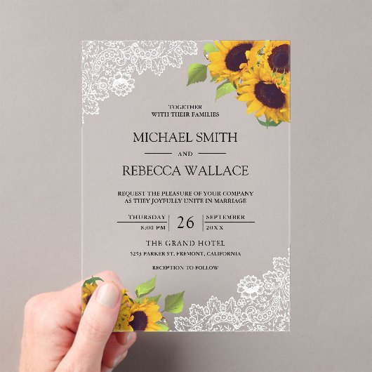 White Lace Sunflowers Wedding アクリル招待状 (インサイチュ (ポータブル))