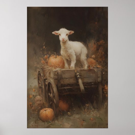 White Lamb On Wooden Cart With Pumpkins, Gothic ポスター (正面)