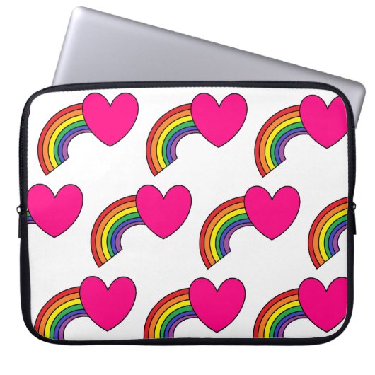 White Laptop Case With Pink Hearts and Rainbows ラップトップスリーブ (正面)