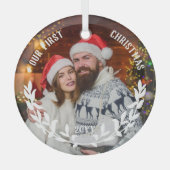 White Laurel Half Wreath Our 1st Christmas Photo ガラスオーナメント (正面)