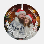 White Laurel Half Wreath Our 1st Christmas Photo ガラスオーナメント (裏面)