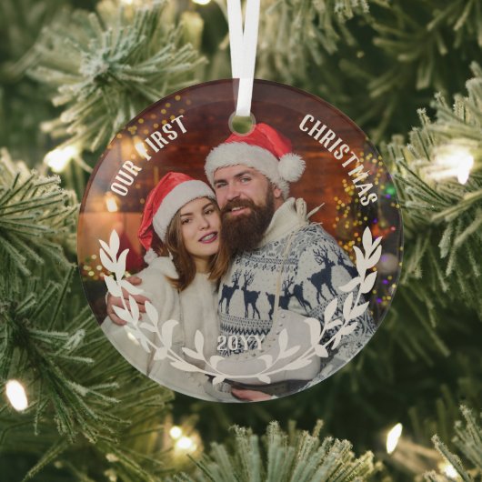 White Laurel Half Wreath Our 1st Christmas Photo ガラスオーナメント (インサイチュ)