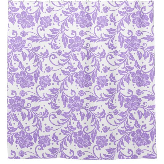 White & Lavender Glittery Damasks Pattern シャワーカーテン (正面)
