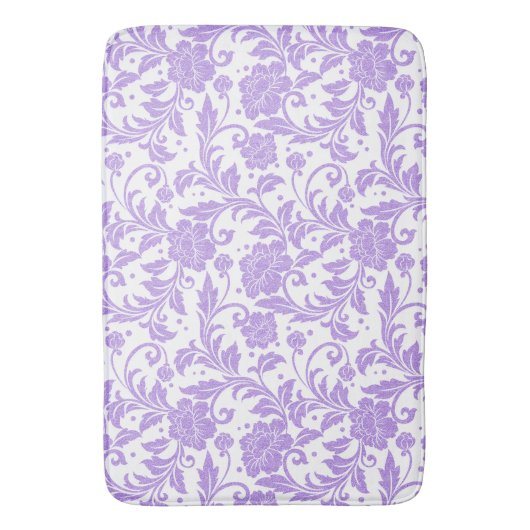 White & Lavender Glittery Damasks Pattern バスマット (正面縦)