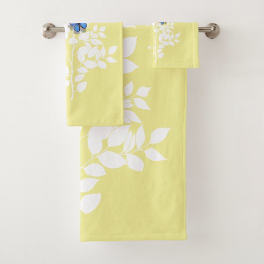 White leafy branch and a blue butterfly バスタオルセット (インサイチュ)