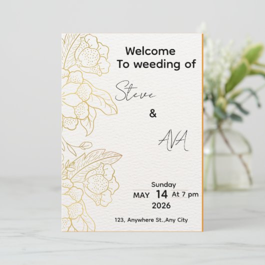 White & Light Gold Elegant Wedding Invitation 招待状 (スタンド正面)