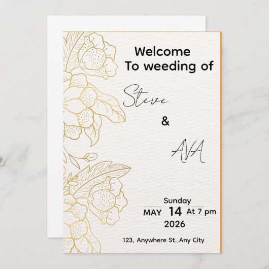 White & Light Gold Elegant Wedding Invitation 招待状 (正面/裏面)