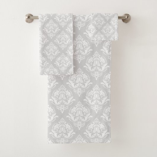 White & Light Gray Floral Damasks Pattern バスタオルセット (インサイチュ)