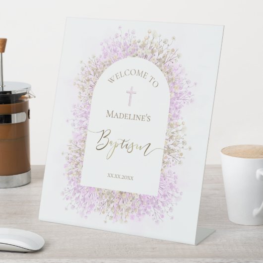 white lilac flowers Baptism welcome sign 台座サイン (インサイチュ)
