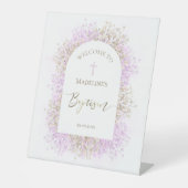 white lilac flowers Baptism welcome sign 台座サイン (正面)