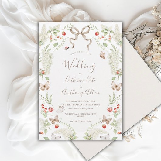 White Lilacs Greenery Ribbon Whimsical Wedding  招待状