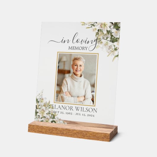 White Lilies Floral Funeral Celebration of Life アクリルサイン (傾斜)