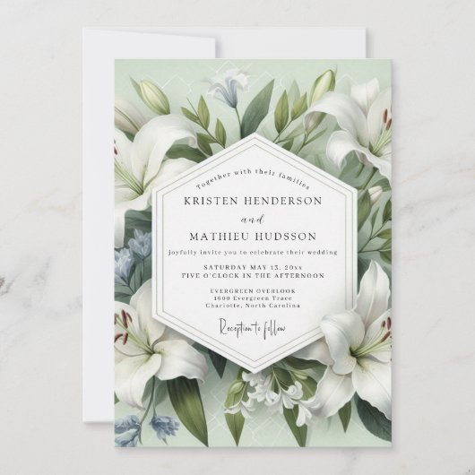 White Lily Botanical Elegance Wedding 招待状 (正面)