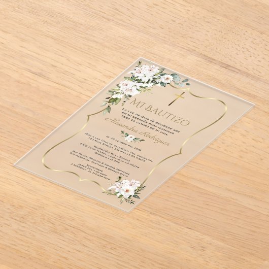 White Lily Rose Bautizo Con Flores Gold Baptism  アクリル招待状 (レイダウン)