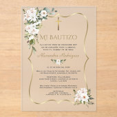 White Lily Rose Bautizo Con Flores Gold Baptism  アクリル招待状 (正面)