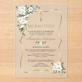 White Lily Rose Bautizo Con Flores Gold Baptism  アクリル招待状