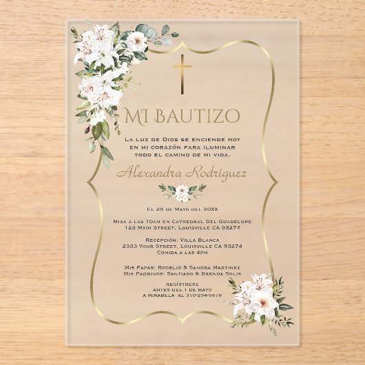 White Lily Rose Bautizo Con Flores Gold Baptism  アクリル招待状 (正面)