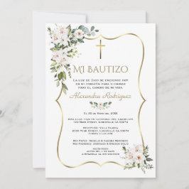 White Lily Rose Bautizo Con Flores Gold Baptism  招待状