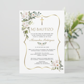 White Lily Rose Bautizo Con Flores Gold Baptism  招待状