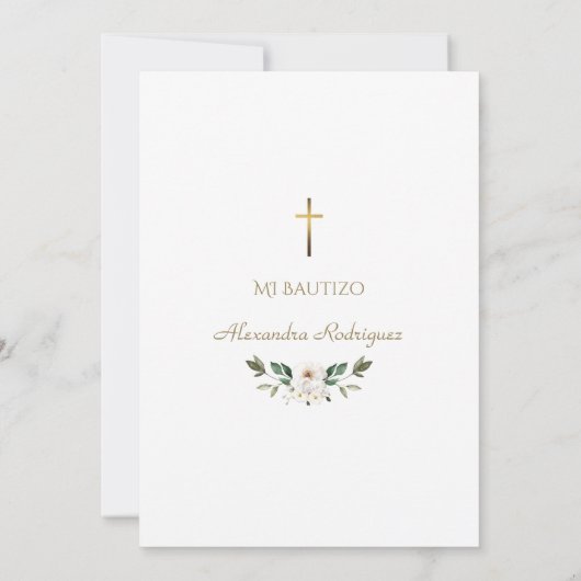 White Lily Rose Bautizo Con Flores Gold Baptism  招待状 (裏面)
