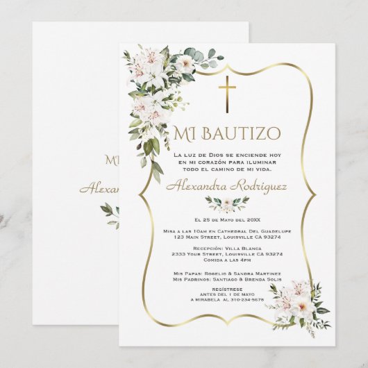White Lily Rose Bautizo Con Flores Gold Baptism  招待状 (正面/裏面)