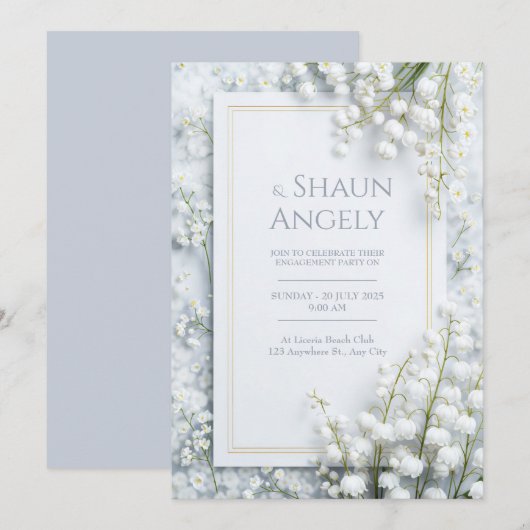 White Lily Valley Marble Gold Frame Wedding 招待状 (正面/裏面)