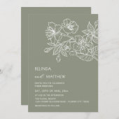 White Line Art Flowers Sage Green Casual Wedding 招待状 (正面/裏面)