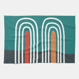 White line art rainbow in red blue background キッチンタオル