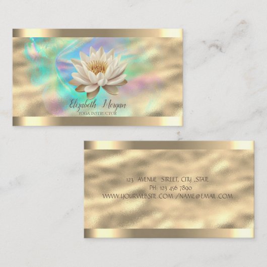 White Lotus Gold Stripe Rose Gold Holographic Ink 名刺 (正面/裏面)