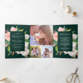 White Magnolia Blush Pink Floral Emerald Wedding 三つ折り招待状 (内部)