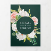 White Magnolia Blush Pink Floral Emerald Wedding 三つ折り招待状 (カバー)