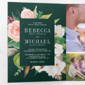 White Magnolia Blush Pink Floral Emerald Wedding 三つ折り招待状 (内部最初)