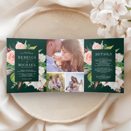 White Magnolia Blush Pink Floral Emerald Wedding 三つ折り招待状