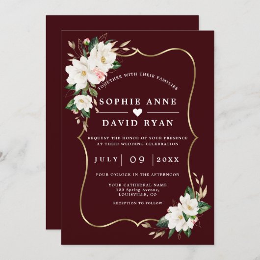 White Magnolia Deep Burgundy All In One Wedding   招待状 (正面/裏面)