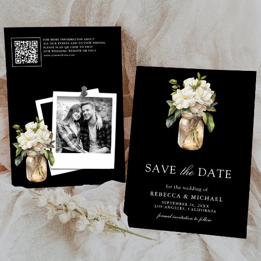 White Magnolia Floral Black QR Code Wedding Photo セーブザデート