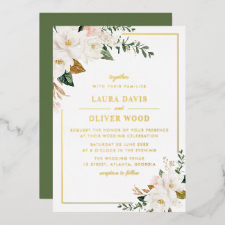 White magnolia floral wedding invitation gold 箔招待状