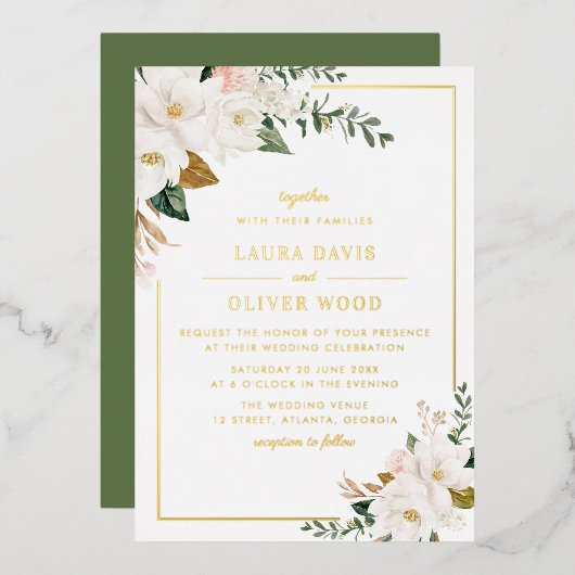 White magnolia floral wedding invitation gold 箔招待状 (正面/裏面)