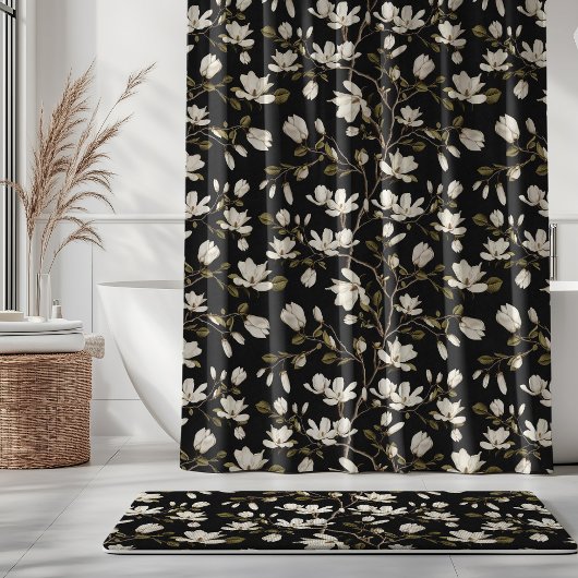 White Magnolia Grove on Black Elegant Floral  シャワーカーテン