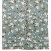 White Magnolia Grove on Duck Blue Elegant Floral  シャワーカーテン (正面)