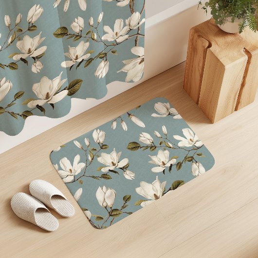 White Magnolia Grove on Duck Blue Elegant Floral バスマット