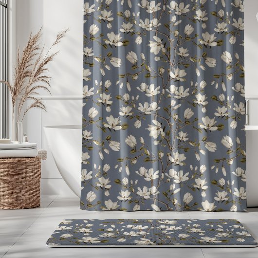 White Magnolia Grove on Slate Blue Elegant Floral  シャワーカーテン