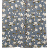 White Magnolia Grove on Slate Blue Elegant Floral  シャワーカーテン (正面)